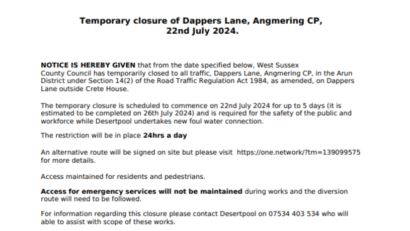 Temporary closure of Dappers Lane, Angmering 22nd July 2024